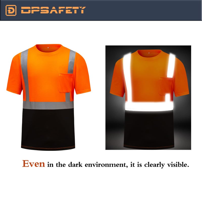 DPSAFETY High Visibility Shirts Quick Dry Safety T Shirts with Reflective Strips and Pocket Short Sleeve Mesh Hi Vis Construction Work Class 2 Shirt for Men/Women Black Bottom Orange,4XL - Image 5